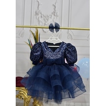 Kız Çocuk Lacivert Kısa Balon Kol Payetli Kabarık Parıltılı Elbise