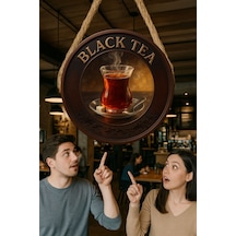 Black Tea Temalı Yuvarlak Cafe Tabelası, Jüt İpli Ahşap Duvar & Kapı Dekoru, Barista Tarzı Süs