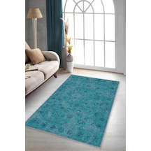 Turkuaz Vintage Kaymaz Taban Makinede Yıkanabilir Halı Kr033n11