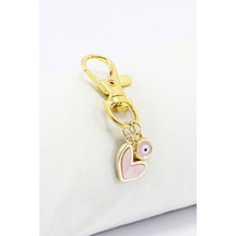 Pembe Kalp Nazar Boncuğu Klipsli Gold Renkli Cüzdan Süsü Charm Ça