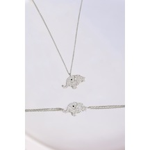 Papatya Silver 925 Ayar Gümüş Rodyum Kaplama Zirkon Taşlı Fil Kolye ve Bileklik Set