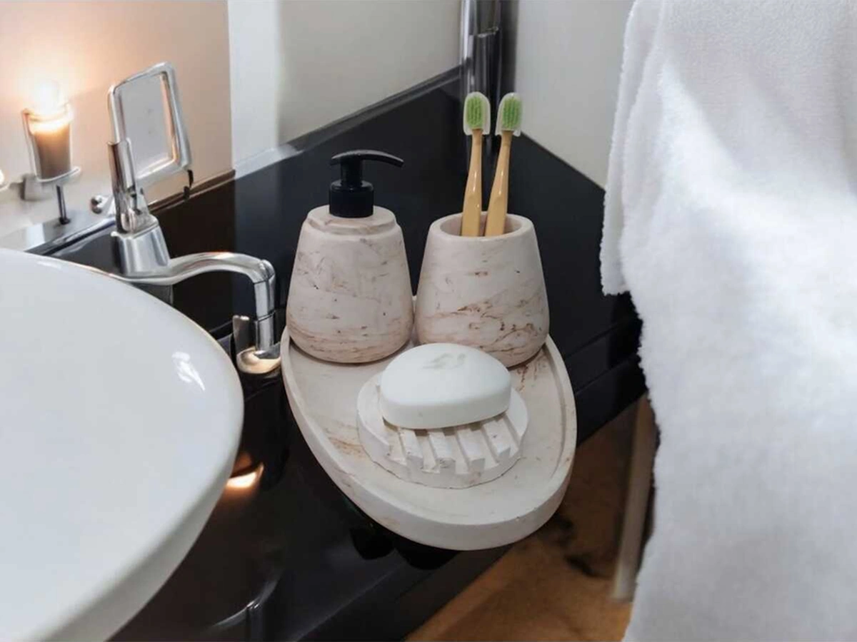 4'lü Mermer Desenli Beton Banyo Seti , Sıvı Sabunluk Diş Fırçalığı Aksesuar Gri