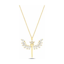 Çekirdekjewelry Gold Kaplama Yıldız Ve Melek Kanadı Taşlı Gümüş Kolye Sarı