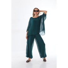 Bohem Stil İtalyan Yarasa Kol İpek Bluz & Pantolon Takım-8767 Zümrüt Yeşili