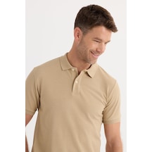 Tudors Erkek Slim Fit Dar Kesim Pamuklu Yumuşak Dokulu Serin Tutan Kumaş Düz Pike Bej Polo Yaka Tişört-33712 Bej
