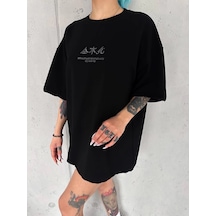 Kadın Baskılı Kısa Kol Oversize T-shirt - Siyah Çok Renkli
