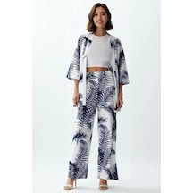 Benerly Kadın Büyük Beden Kimono Geniş Paça Takım Tropikal Desenli Viskon Indigo