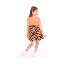 Toontoy Kız Çocuk Little Yazılı Etek Kısmı Zebra Desen Baskılı Elbise Turuncu
