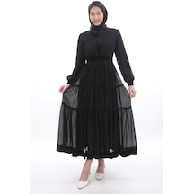 Kadife Garnili V Yaka Elbise-2205-siyah
