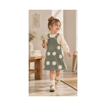 Nota Kids Kız Çocuk Çiçek Desenli Jile Elbise Takım Dantel Kollu Pudra Sweatshirt Ve Askılı Elbise Yeşil