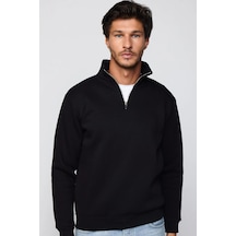 Tudors Unisex Relax Fit Rahat Kesim Pamuklu İçi Polarlı Yarım Fermuarlı Siyah Dik Yaka Sweatshirt-29035
