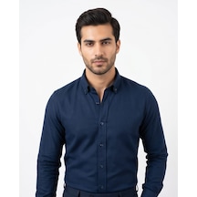 Özeniş Erkek Oxford Gömlek Regular Fit Düğmeli Yaka Kolay Ütülenebilir Pamuklu Lacivert
