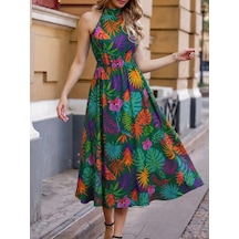 Efnaz Style Kadın Omuzlardan Açık Daire Yaka Desenli Maxi Süprem Elbise Yeşil