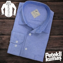 Linen Keten Klasik %100 Cotton Uzun Kollu Terletmeyen Tek Cepli Kapaklı Mavi Gömlek Regular Kalıp -10245 Mavi