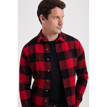 Tudors Erkek Slim Fit Dar Kesim Kareli Kışlık Oduncu Gömlek-42339 Kırmızı