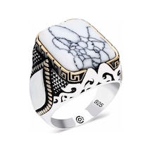 Gümüş Çizgili Beyaz Taşlı Köşeli Erkek Yüzük Çok Renkli