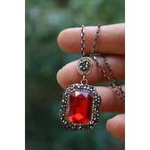 Stoneage Kırmızı Kristal Taşlı El Yapımı Bayan Kolye ve Zincir Bronz