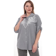 Lady Majestic Büyük Beden %100 Cotton Nakış Detaylı Çizgili Gömlek Şık Ve Rahat Antrasit