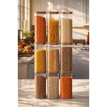 Porsima 7-3 Bambu Vakumlu Kapaklı Kare Borsilikat Cam 9lu Kavanoz Seti Saklama Kabı 1900ml 9,5x27cm Ahşap - Beyaz