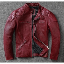 Nyc Giyim Tekstil & Deri Vintage Motosiklet Şarap Kırmızı Renk Hakiki Deri Mont Bordo