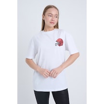 Kadın Oversize Baskılı T-shirt Beyaz Football Helmet Beyaz