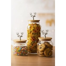 3'lü Bambu Kapaklı Gümüş Geyik Figürlü Şeffaf Cam Kavanoz Şeffaf Cam Saklama Kabı 635/890/1400ml Açık Kahverengi
