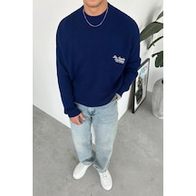 Lacivert Los Angeles Nakış Oversize Triko Kazak Lacivert