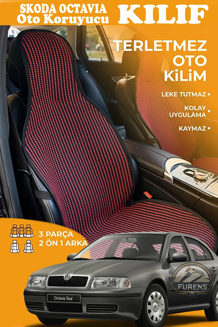 Skoda Octavia Uyumlu Kırmızı Prestij Serisi Dokuma Kumaş Oto Koltuk Kılıfı Ön Tam Arka Alt