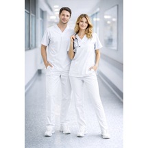 Likralı Hemşire Doktor Forması Premium Belinda Soft Kumaş Scrubs Hastane Üniforması Cerrahi Takım Beyaz