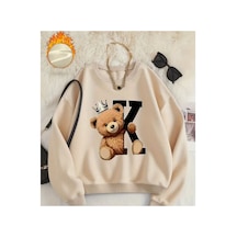 Herkesemoda Kral Ayıcık Baskı Desen Detaylı Bisiklet Yaka Sweatshirt Bej