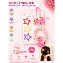 5'li Set Unicorn Figürlü Büzgülü Lastik Ve Yıldız Çıtçıt Çocuk Saç Tokası Seti - Farklı Renk Seçenekli Pembe