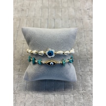 Moda Tasarım Doğal Taşlı Nazar Boncuklu Deniz Kabuklu Bileklik Çok Renkli
