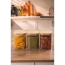 Porsima 5-3 Bambu Vakumlu Kapaklı Kare Borsilikat Cam 3lü Kavanoz Seti Saklama Kabı 750ml 7,5x15cm Ahşap - Şeffaf