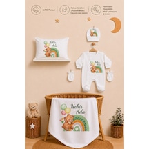 Pia Baby Kız Bebek Hastane Çıkışı 5 Parça Tulum Seti %100 Pamuk İsme Özel Organik Baskılı 2083tyb3x Ekru