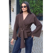 Kechi Woman Krep Kumaş Kruvaze Kemerli Kimono Bluz Kahverengi