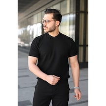 Erkek Bisiklet Yaka Petek Dokulu Kısa Kollu Triko Tişört Siyah