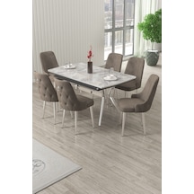 Canisa Nis Serisi 89x150 Açılabilir Lak Panel Rampla Gri Krom Ayak Masa Takımı Ve 6 Cappucino Sandalye Masa Rampla Gri Sandalye Cappucino Krom Ayak