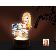 Kişiye Özel Kadın Bankacı Karikatürlü Dekoratif 3D Biblo Led Işık
