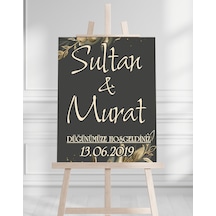 Söz Nişan Düğün İçin 50x70 Karşılama Panosu - Siyah Ve Gold Çiçek Temalı 03 Beyaz