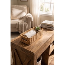 Hasır Rattan Organizer Sepet Kulplu Dekoratif Düzenleyici Sepet 31 X 13 X 8 Cm Çok Amaçlı Mutfak Banyo Raf Dolap Organizeri Doğal Hasır Sepet Kahverengi Kahverengi