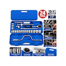24 Parça 1/2 Inc Dr.socket Set Lokma - Soket - Adaptör - Cırcır Kolu Chrome Vanadıum Metal Çantalı B