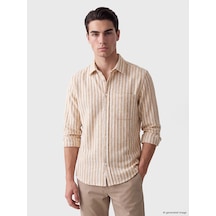 Lcwaıkıkı Classic Bej Regular Fit Çizgili Poplin Erkek Gömlek