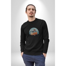 Wolkswagen Karavan Kış Gezisi Unisex Siyah Baskılı Sweatshirt Siyah