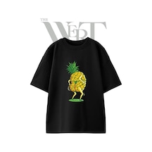 Thewert Dancing Pineapple Tasarım Baskılı Ünisex Siyah Oversize T-shirt