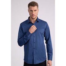 Tudors Modern Slim Fit Düz Saten Erkek Gömlek-23055 İndigo