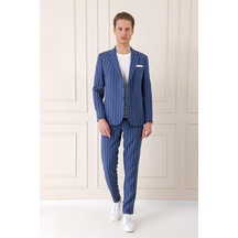 Comfort Fit Çift Yırtmaç İtalyan Çizgili Keten Casual İndigo Ceket C 671 Indıgo