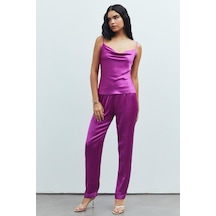 Brûleur Fuşya Degaje Yaka Askılı Uzun Saten Pijama Takımı Fuşya