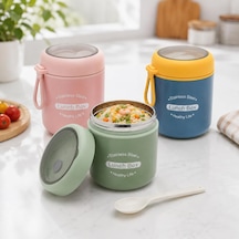Paslanmaz Çelik Yemek Termosu 530 Ml, Kaşıklı Taşınabilir Yemek Kabı, Çelik İç Hazneli Lunch Box, Askılı Kapaklı Saklama Kabı, Pembe Yeşil Mavi Renk Seçenekli Çok Renkli