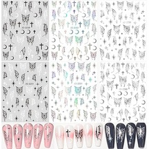 Siyah Beyaz Gümüş Haç Yıldız Ay Kelebekler Tırnak Sanatı Çıkartmaları Folyo B