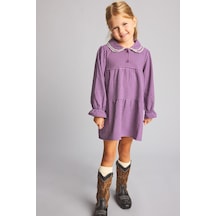 Defacto Fırfırlı Bebe Yaka Pötikareli Uzun Kollu Twill Elbise Kız Bebek I4764a526aupr258 Mor-pr258